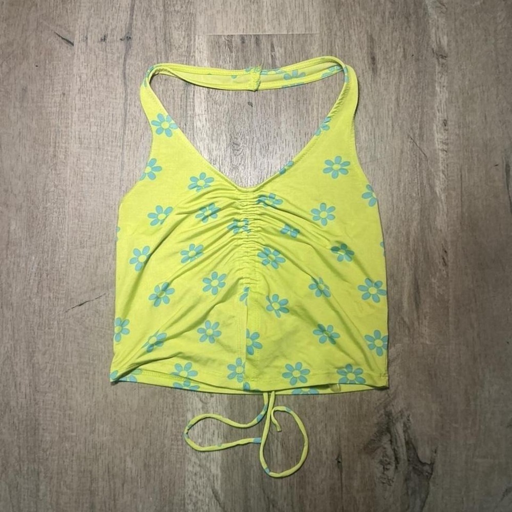 Self Esteem Yellow Lime Floral Daisy Print Halter Crop Top Summer‎ Size L